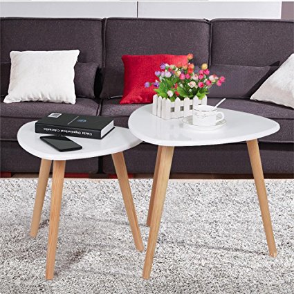 Yaheetech White Gloss Wood Nesting Tables Living Room Sofa Side End Table Set of 2