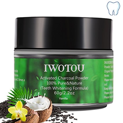 Iwotou Teeth Whitening Charcoal Powder, Natural Activated Charcoal Teeth Whitener of Organic Coconut Shells with vanilla flavor [UPGRADE Special Formula - EASIER To Rinse] (Vanilla)