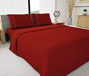 Livingston Home Novelty Bedding 144 Thread Count Egyptian Cotton Blend Solid Sheet with Piping Accents, Queen, Red