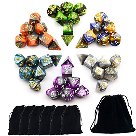 SmartDealsPro 6 x 7 Sets(42 Pieces) NEW ARRIVAL TWO COLORS Polyhedral Dice with Free Pouches for Dungeons and Dragons DND RPG MTG Table Games D4 D8 D10 D12 D20 (6-Colors Set 2)