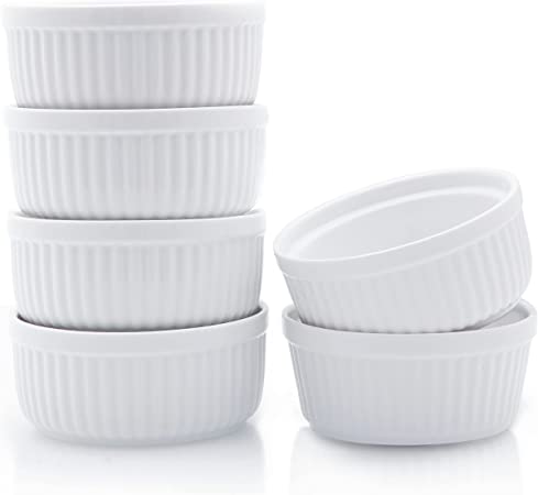 Nuwave Ceramic Ramekins 8 oz, Set of 6, Elegant Classic Style Ramekins for Baking Souffles, Creme Brulées, Custards, Puddings, 4.3” Wide & 2” Tall, Microwave, Oven & Dishwasher-Safe, Ivory White