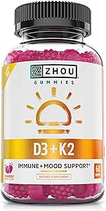 Zhou Vitamin K2 (MK7) with D3 Gummies | Bone and Heart Health Formula | Immune Support | 60 Veggie Gummies