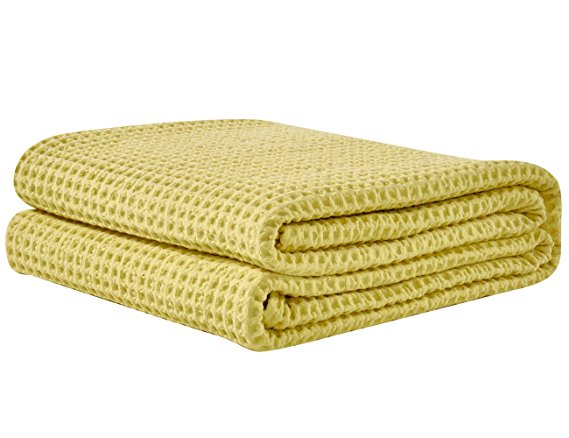 PHF Waffle Weave Blanket 100% Cotton Breathable Warm Right Weight for Winter and Summer Twin Size Yellow