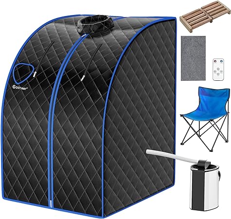 COSTWAY Home Steam Sauna, 9 Levels Temperature Adjustable Personal Spa Box with Folding Chair, 3L 1000W Bathroom Remote Control Sauna Tent for Therapy, Detoxify, Sweating and Slimming (Black)