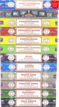 Nag Champa Incense Sticks Variety- Pack (12 Incents, 140+ Sticks) | 100% Original Handrolled Masala | Satya Incense BNG | For Stress Relief, Meditation Decor, Spiritual Decor & Home Fragrance Products