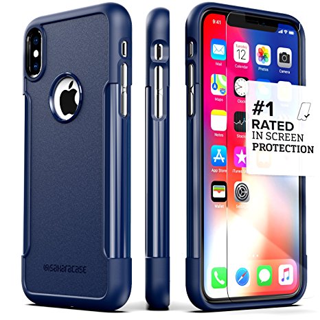 iPhone X Case, SaharaCase Classic Protection Kit with [ZeroDamage Tempered Glass Screen Protector] Slim Fit Anti-Slip Grip [Shockproof Bumper with Hard Back] iPhone 10 - Blue Navy