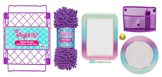 Deluxe School Locker Organizer Kit - Accessories and Decoration Set with Shelf, Rug, Mirror, Message Board and Bin (Purple Ombre)