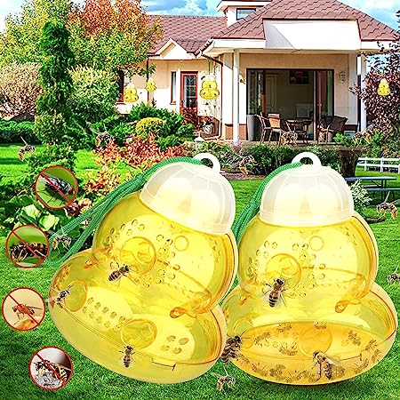 Wasp Trap Outdoor Hanging, Wasp Trap, Bee Traps Catcher, Outdoor Wasp Deterrent Killer Insect Catcher, Non-Toxic Reusable Hornet Yellow Jacket Trap Hanging (Yellow, 2 Pack)