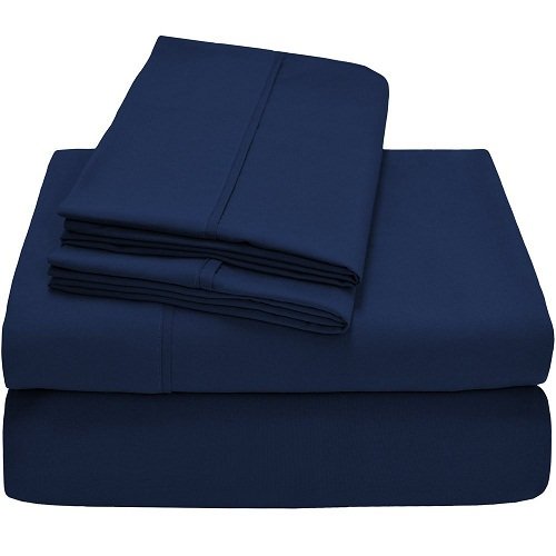 British Choice Linen 100% Cotton 4 PCs Sheet Set 400-Thread-Count Sateen Super King, (+35 CM) Pocket Depth,Navy blue solid (One Flat Sheet, One Fitted Sheet & Two Pillowcover)