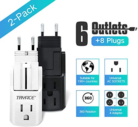 [2-Pack] Travel Adapter, TryAce International Power Adaptor with 4 Plugs(EU/UK/AU/US),3 American Outlets- All in One Power Plug Adapter Wall Charger for 190 Countries(White Black)