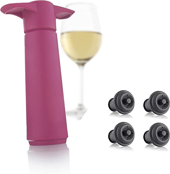 The Original Vacu Vin Premium Wine Saver Airtight Sealer Keeps wine fresh for up to 10 days (Pink, With 4 Stoppers)