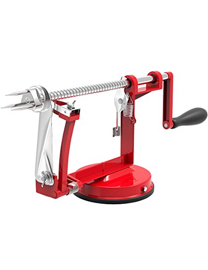 Vremi Apple Peeler Corer Slicer Machine with Vacuum Suction Base - Cast Iron Rotating Spiralizer Apple Peeler for Countertop with Stainless Steel Blades for Apples Fruit Vegetable or Potato - Red