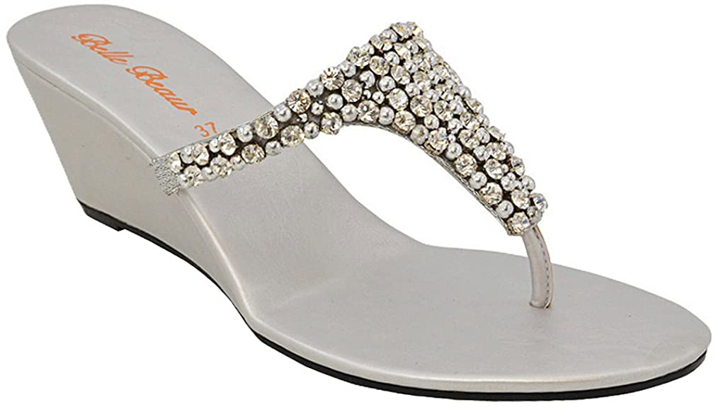 ESSEX GLAM Womens Toe Post Sparkly Diamante Synthetic Dressy Wedge Heel Sandals