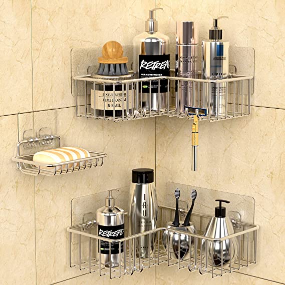 GeekDigg Corner Shower Caddy Shelf, 3 Sets Adhesive Bathroom Basket Shelf with Hooks, Soap Dish Holder for Toilet, Dorm and Kitchen, 2-in-1 SUS304 Kitchen Spice Racks - Silver