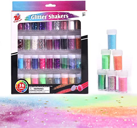 TBC The Best Crafts 36 Glitter Shaker Jar Set, Extra Fine/Metallic Sparkling Strips/Holographic Cosmetic/Sequins Paillette/Confetti Shapes Glitter for Slime, Arts & Crafts Supplies
