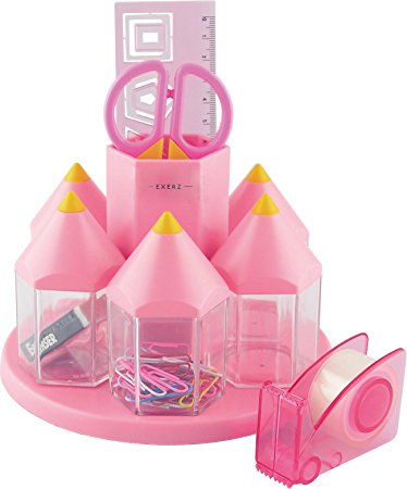 Exerz EX058 O-Life Rotary Desk Organiser Pen Tidy Set with 5 Accessory Boxes - Multi colors -filled with Safety Scissors (NOT Sharp), Ruler, Tape Dispenser, Eraser, Clips (Pink)