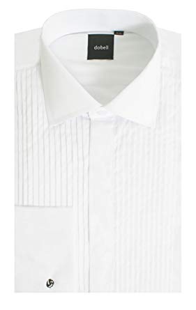 Dobell Mens White Tuxedo Dress Shirt Regular Fit Standard Collar Double Cuff Pleated Fly Front