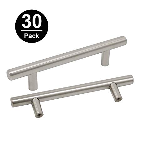 Gobrico 3-3/4"(96mm) Hole Centers Brushed Satin Nickel T-Bar Solid Kitchen Cabinet Handle Furniture Hardware Drawer Pull, Overall Length 6",30Pack