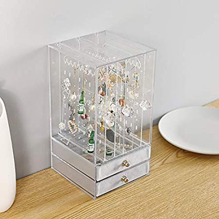 Cq acrylic Jewelry Box and Earring Holder Jewelry Hanging Organizer,Pull-Type dustproof Acrylic Earring Screen Display Stand Hanging Earrings Bracelets Necklaces Pack of 1