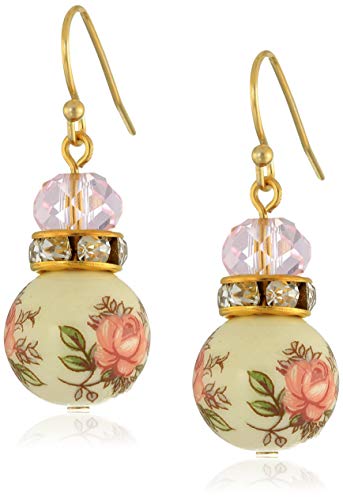 1928 Jewelry Pink Floral Decal Beaded Drop Earrings