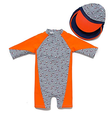 Bonverano(TM) Kids UPF 50  Sun Protection S/S One Piece Zip Sun Suit With Sun Hat (3-6 months, Colorful fish)