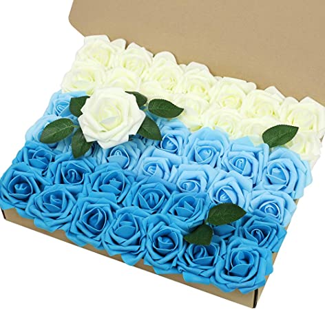 HOHOTIME Artificial Flowers 42PCS, 3.2 Inches Real Touch Roses, Foam Roses with Greeneries and Stem for Decoration Crafts Wedding DIY Bridal Shower Party Home Decor