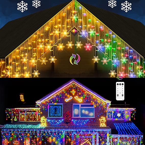 Marchpower Christmas Decor 400 LED Snowflake Icicle Lights - 32ft 80 Drops Multicolor/Warm White Color Changing - Window Curtain Connectable Plug in Fairy Twinkle String Light - Remote Control 9 Modes