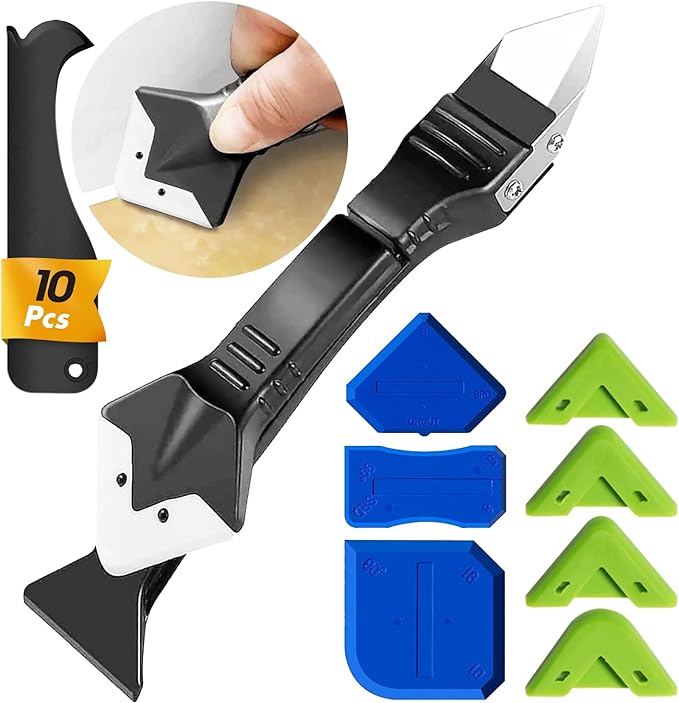 Silicone Caulking Tool, Caulk Remover Tool& Grout Removal Tool, Caulk Remover, Silicone Caulking Tool Kit, with 4pc Glass Glue Angle Scraper - 3 in 1 Caulking Finishing Tools