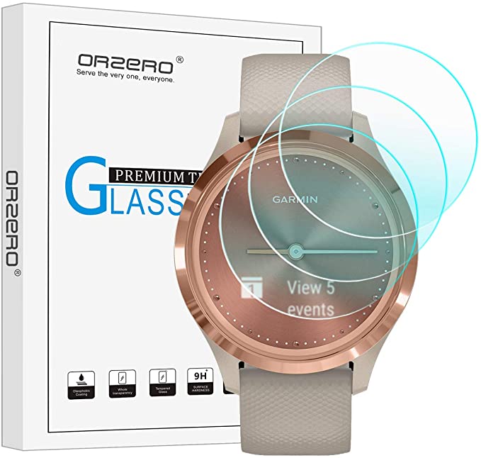 (3 Pack) Orzero Compatible for Garmin Vivomove 3S Smartwatch Tempered Glass Screen Protector, 2.5D Arc Edges 9 Hardness HD Anti-Scratch Bubble-Free (Lifetime Replacement)