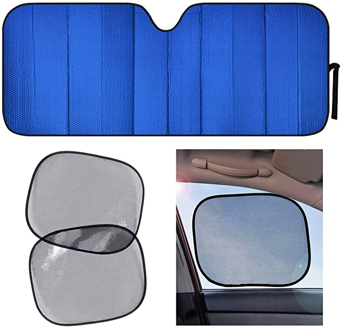 Front Windshield Shade with Static Cling Side Window Shade-Jumbo Accordion Folding Auto Sunshade for Car Truck SUV-Blocks UV Rays Sun Visor Protector-Keeps Your Vehicle Cool-66 x 27 Inch