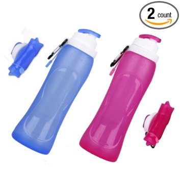 AquaFlexi (Set of 2 with Bonus Brush) 17 Oz Collapsible Water Bottle - Foldable, Flexible Silicone - Travel, Sports, BPA Free, FDA Approved, Eco Friendly, Leak Proof