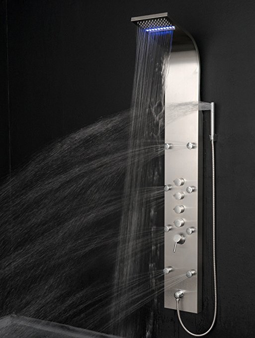 AKDY 63" Rainfall Waterfall Stainless Steel Multi-Function Bathroom Shower Panel System w/ LED Head Jets Handheld Wand
