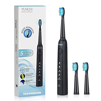 YUNCHI Sonic Electric Toothbrush Smart Timer 5 Modes Waterproof Ultrasonic Oral Care Rechargeable Toothbrushes with 3 Replacement Heads Tooth Brush for Adults - Black