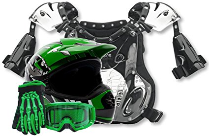 Youth Kids Peewee Offroad Gear Combo Helmet Gloves Goggles Chest Protector Motocross ATV Dirt Bike Green - Small