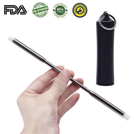 RESTER Reusable Telescopic Straws with Adjustable Length from 5.7" to 8.7",Fully Detachable and Retractable,Including Brush,Cloth,Orings and Keychain Case(Black)