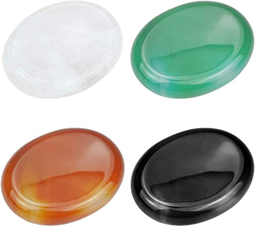 Marrywindix 4 Packs Natural Thumb Worry Stone Set Black Obsidian White Crystal Green Fluorite Red Agate for Anxiety Stress Relief Meditation Crystal Therapy