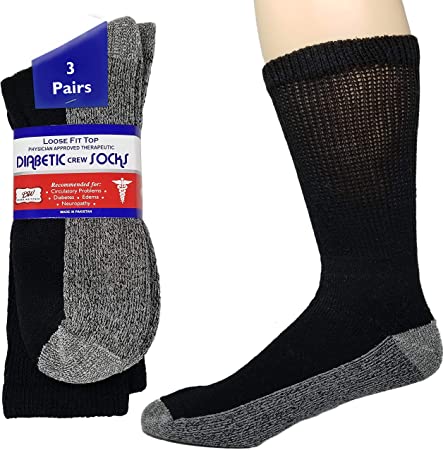 Debra Weitzner Diabetic Crew Socks Reinforced Heel and Toe Non-Binding Cushion Socks for Men and Women 3 Pairs Black/Black Sole 13-15