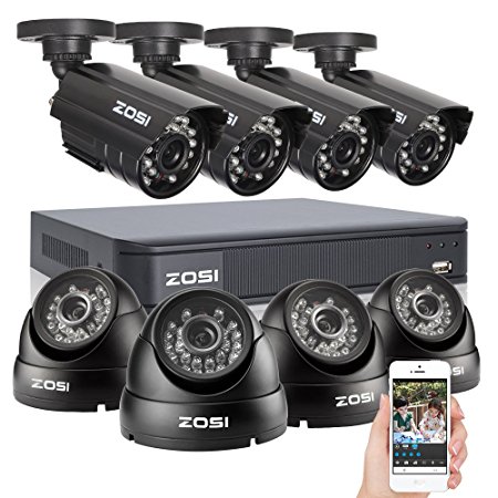 ZOSI 8CH P2P Security Camera System ,960H DVR with 1 TB Hard Drive   8PCS 800TV Bullet & 900TVL Dome Weatherproof/Outdoor Cmareas,Super Long Night Vision,QR Code Quick View