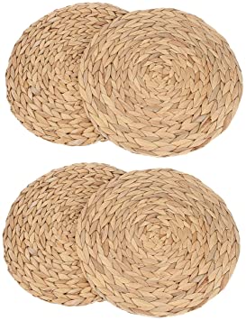 kilofly Natural Water Hyacinth Weave Placemat Round Braided Rattan Tablemats 13.5 inch x 4pc