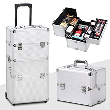 Yaheetech 3 in 1 Professional Aluminum Rolling Makeup Trolley Artist Train Case Cosmetic Organizer Makeup Case(4 wheeler accessories) Silver