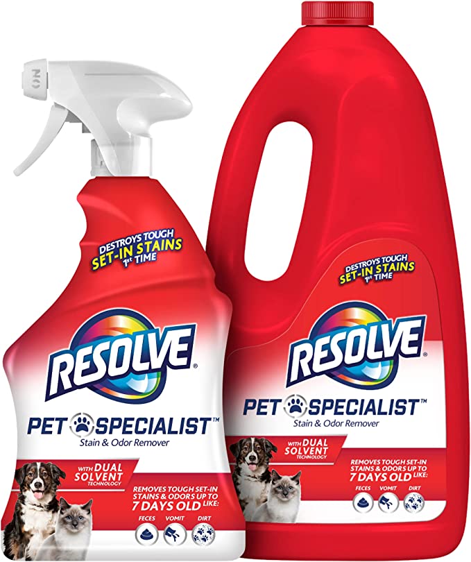 Resolve Pet Specialist Carpet Cleaner, Stain Remover and Odor eliminator trigger and refill, Floor and Upholstery Cleaner, 92 fl oz (32fl oz trigger and 60 fl oz refill bottle)
