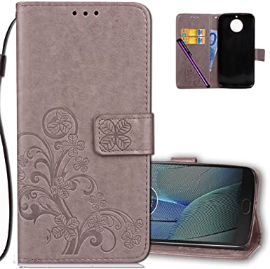 COTDINFORCA Case for Moto G5S Plus Wallet Case Leather Premium PU Embossed Design Magnetic Closure Protective Cover with Card Slots for Motorola G5S  / G5S Plus (5.5 inch). Luck Clover Grey