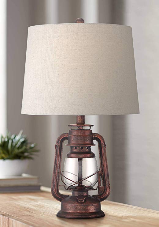 Murphy Rustic Industrial Accent Table Lamp Miner Lantern Red Bronze Clear Glass Oatmeal Fabric Drum Shade for Living Room Bedroom Bedside Nightstand Office Family - Franklin Iron Works