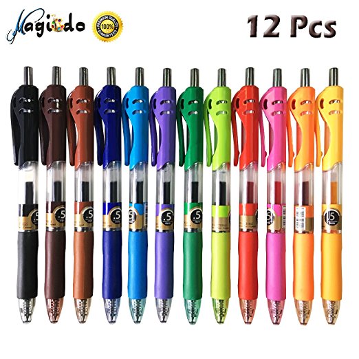 Magicdo Click Gel Pens,12 Assorted Colors Retractable Premium Gel Ink Rollerball Pens,Gel Ink Pens,Coloring Gel Pens Set,Quick Dry Gel Ink Smooth Pens, Medium Point 0.5mm(12Pcs/Set)