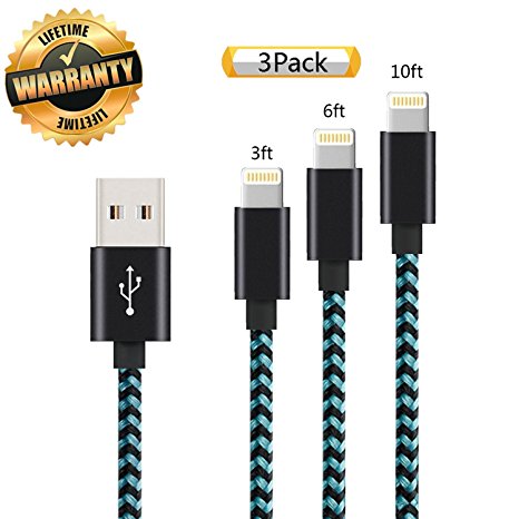 iPhone Cable 3Pack 3FT 6FT 10FT, GUIGUI Extra Long Nylon Braided Charging Cord Lightning Cable to USB Charger for iPhone 7, 7 Plus, 6S, 6, SE, 5S, 5, iPad, iPod Nano 7 - Green Black