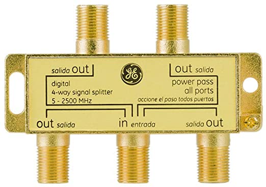 GE Digital 4-Way Coaxial Cable Splitter, 4 Pack, 2.5 GHz 5-2500 MHz, RG6 Compatible, Works with HD TV, Satellite, Internet, Amplifier, Antenna, Gold Plated Connectors, Corrosion Resistant, 55290