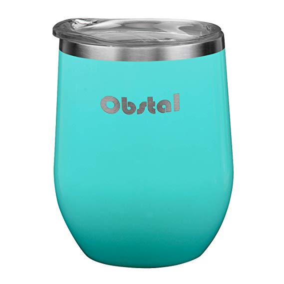 Obstal 12oz Stemless Wine Tumbler, Stainless Steel Wine Glass with Clear Lid - Double Wall Vacuum Insulated Tumbler for Wine, Coffee, Aqua Blue