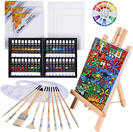 56pcs Oil Painting Set, Ohuhu Artist Painting Set with Wood Table Top Easel, 36 Colors Oil Paint Tubes, Bristle Art Painting Brushes, Canvas, Canvas Panels, Paint Palette, Christmas Gift for Kids and Adults