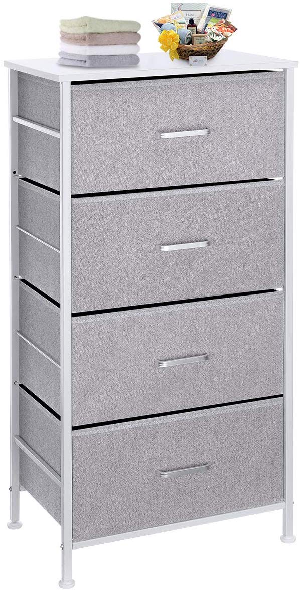 KINGSO Fabric 4 Drawer Dresser Storage Tower Organizer Unit with Sturdy Steel Frame and Easy-Pull Faux Linen Drawers for Bedroom Living Room Guest Room Dorm Closet - Light Grey