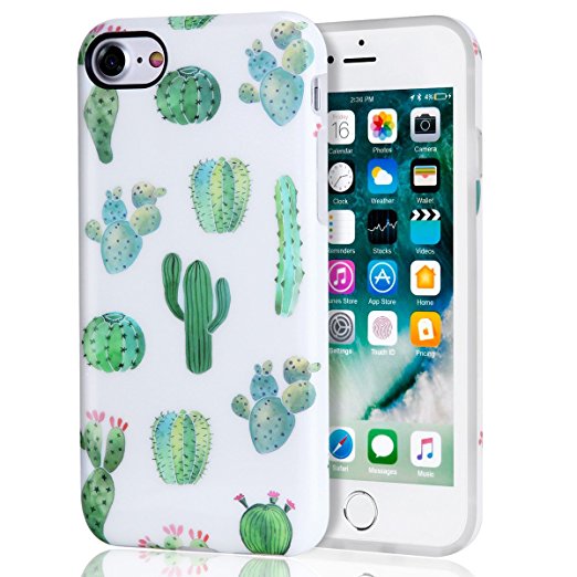 Cactus iPhone 7 Case, iPhone 8 Case, White Green Best Protective Cute Women Girl Clear Slim Shockproof Glossy Soft Silicone Rubber TPU Cover Phone Case For iPhone 7 / iPhone 8